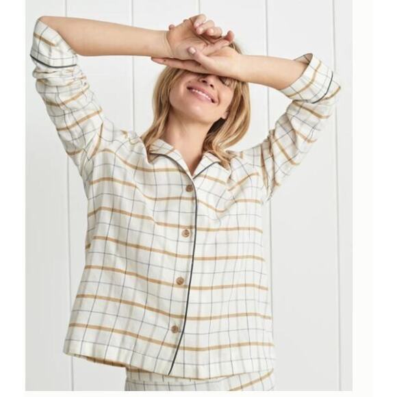 Jenni Kayne Sz XS Flannel Pajama Top Button Front Plaid Ivory